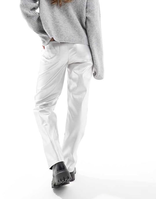 ASOS DESIGN faux leather straight leg trousers in silver - Image 3