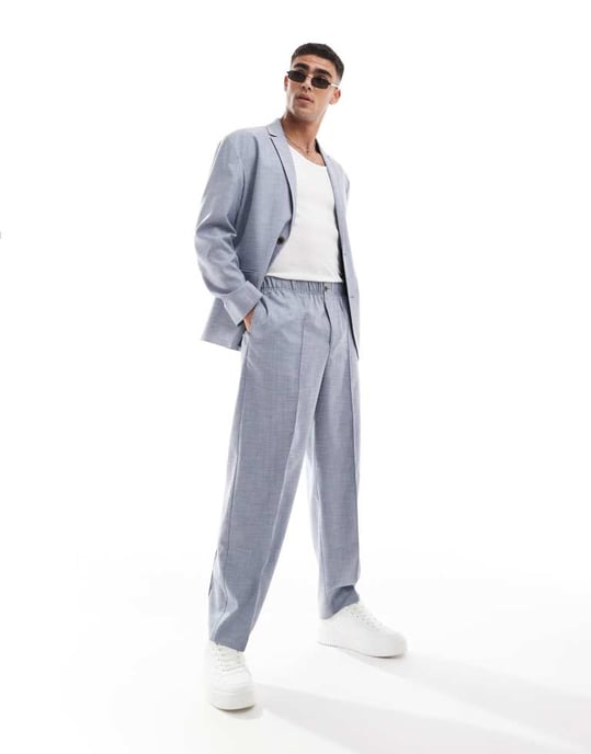 ASOS DESIGN pull on oversized tapered suit trousers in blue crosshatch - Image 2