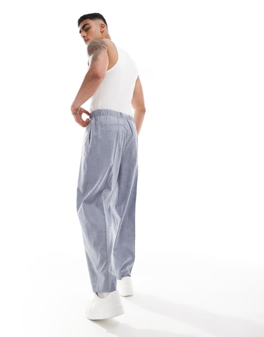 ASOS DESIGN pull on oversized tapered suit trousers in blue crosshatch - Image 4