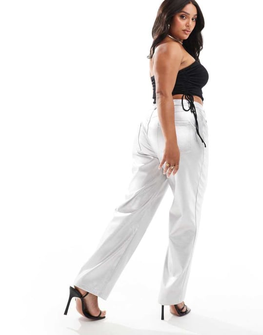 ASOS DESIGN Curve faux leather straight leg trousers in silver - Image 2