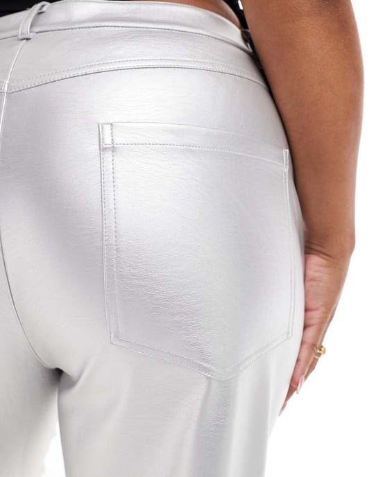 ASOS DESIGN Curve faux leather straight leg trousers in silver - Image 3