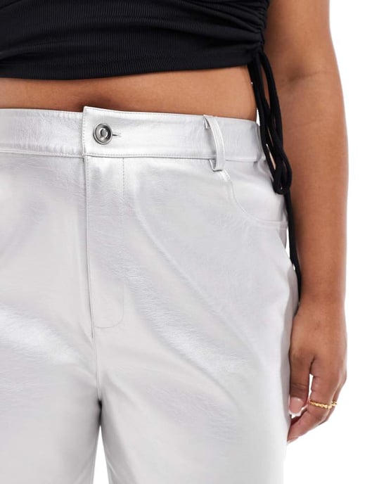 ASOS DESIGN Curve faux leather straight leg trousers in silver - Image 4