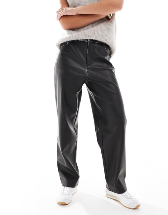 ASOS DESIGN Petite faux leather straight leg trousers in washed black - Image 2