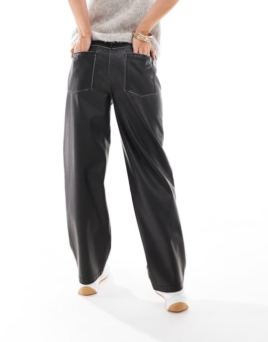 ASOS DESIGN Petite faux leather straight leg trousers in washed black - Image 4