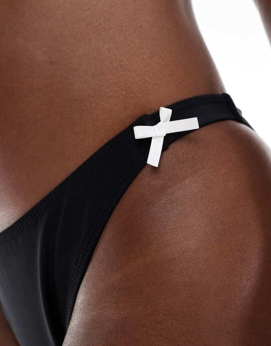 Kaiia exclusive high leg contrast bow detail bikini bottoms co-ord in black - Image 3