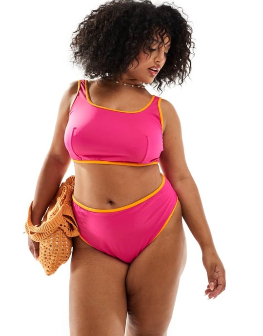 ASOS DESIGN Curve contrast binding high leg high waist bikini bottom in pink - Image 3