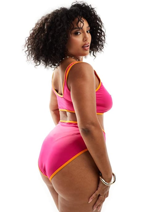 ASOS DESIGN Curve contrast binding high leg high waist bikini bottom in pink - Image 4