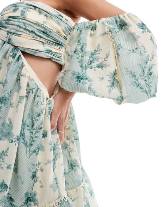 ASOS DESIGN – Blommig miniklänning i voile med bardotmönster och puffärm - Image 3