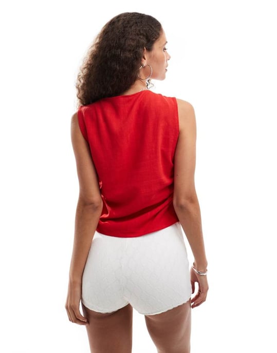 COLLUSION woven build up tank top with tie detail in red - RED - Image 2