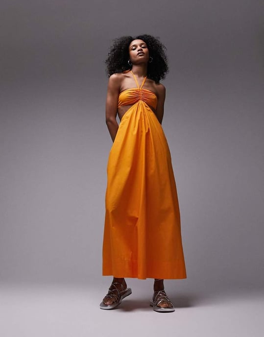Topshop – Orange midiklänning i poplin med halterneck - Image 2