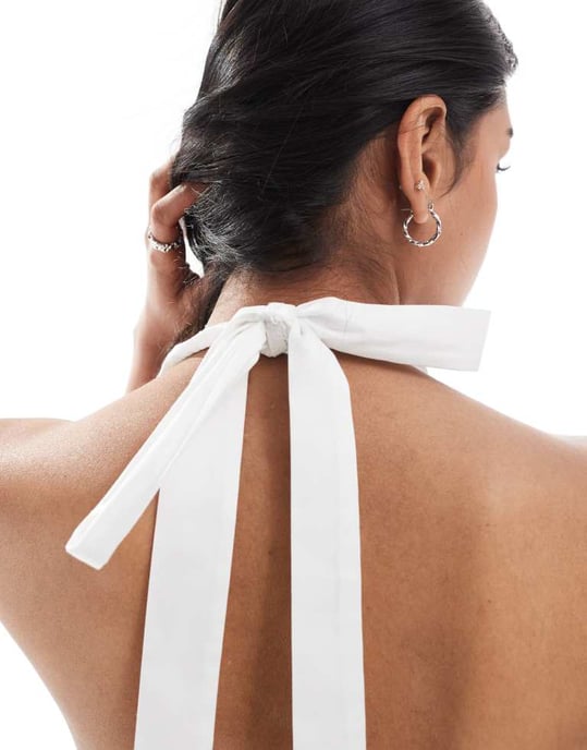 COLLUSION poplin shirred plunge halter top in white - Image 3