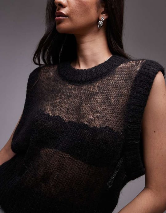 Topshop knitted sheer tank in black - Image 3