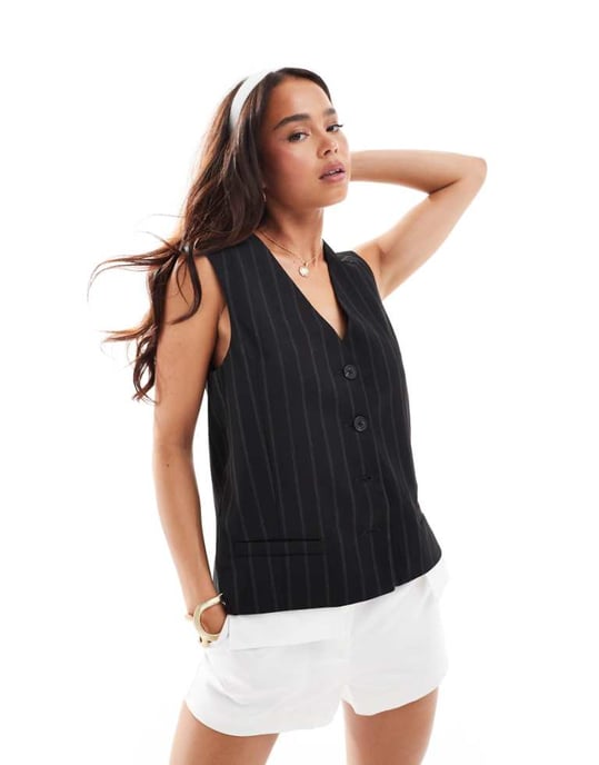 ASOS DESIGN exposed pocket waistcoat in black stripe - Image 1