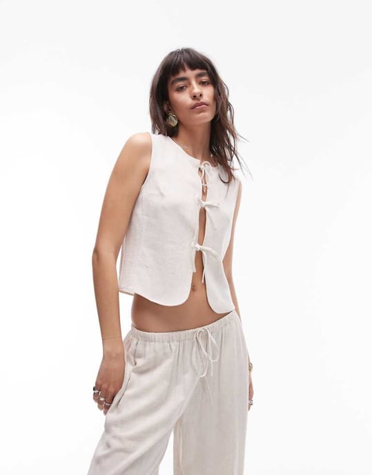 Topshop – Beige linneväst med knytning framtill, del av set - Image 1