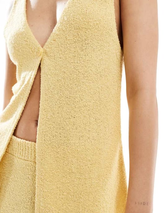 ASOS DESIGN knitted longline waistcoat in textured yarn co-ord in lemon - Image 3