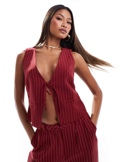 Kaiia exclusive tie front waistcoat co-ord in burgundy pinstripe - Image 1