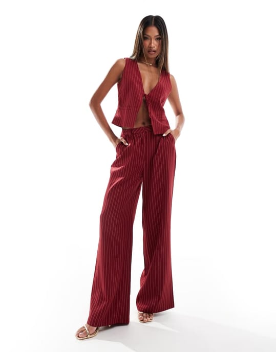 Kaiia exclusive tie front waistcoat co-ord in burgundy pinstripe - Image 3