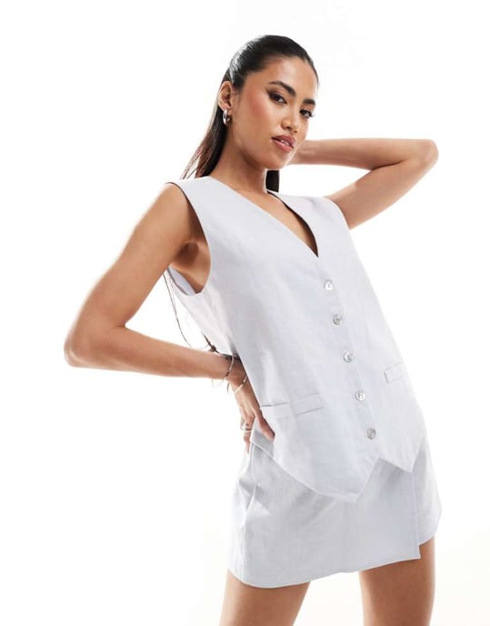 Kaiia exclusive linen button through waistcoat co-ord in baby blue - Image 1