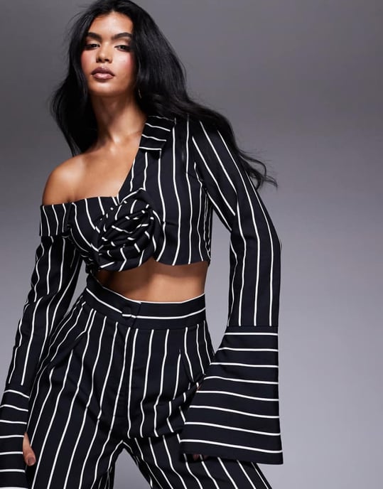 ASOS LUXE striped co-ord off shoulder cropped shirt in black and white - Image 1