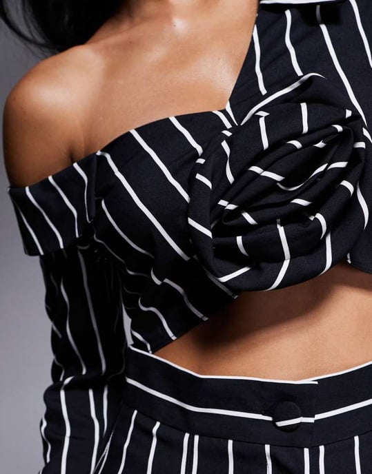 ASOS LUXE striped co-ord off shoulder cropped shirt in black and white - Image 2