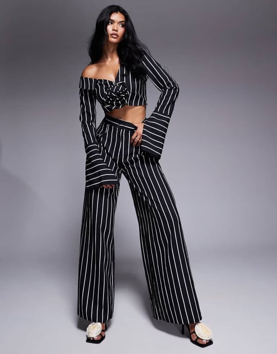 ASOS LUXE striped co-ord off shoulder cropped shirt in black and white - Image 3