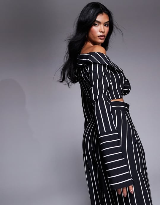 ASOS LUXE striped co-ord off shoulder cropped shirt in black and white - Image 4