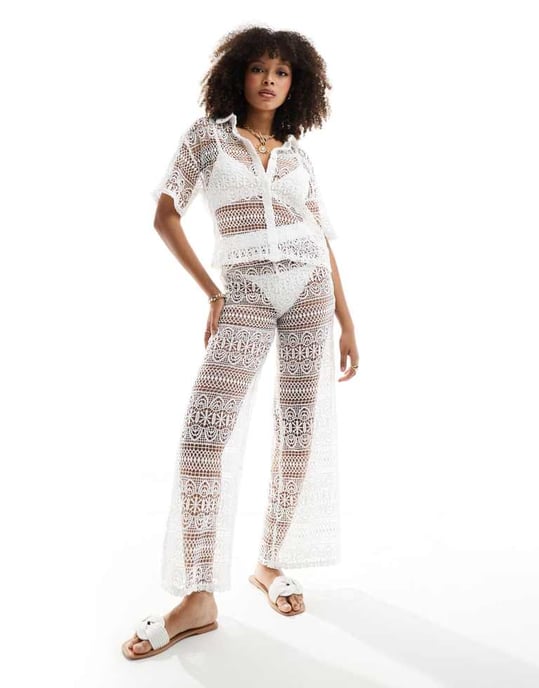 Miss Selfridge beach lace crop shirt in cream - Image 4
