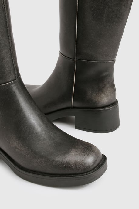 Chunky Square Toe Harness Detail Knee High Boots - Image 6