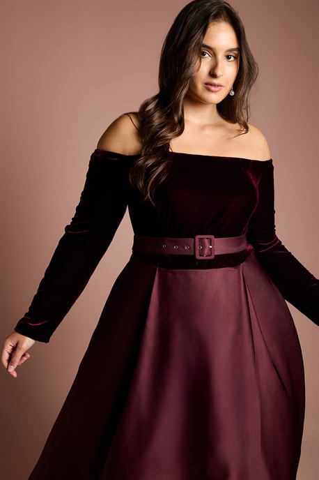 Plus Size Long Sleeve Bardot Full Skirted Midi Dress - Image 2