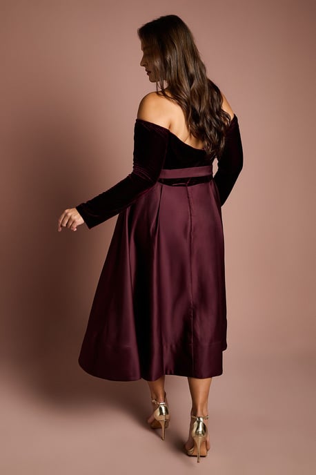 Plus Size Long Sleeve Bardot Full Skirted Midi Dress - Image 3
