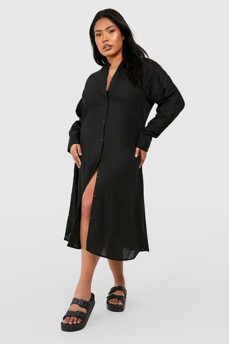 Plus Linen Look Midi Shirt Dress - Image 1