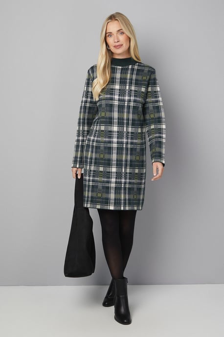Petite Zip Neck Tartan Knitted Dress - Image 1