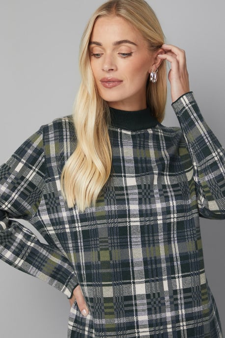 Petite Zip Neck Tartan Knitted Dress - Image 4