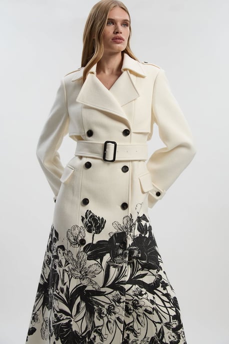 Petite Wool Placement Print Tailored Double Breasted Belted Midi Coat - Image 1
