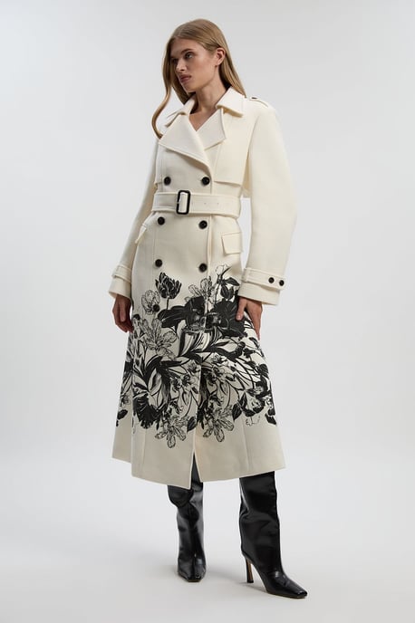 Petite Wool Placement Print Tailored Double Breasted Belted Midi Coat - Image 2
