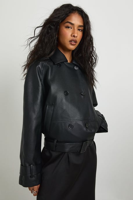 Faux Leather Short Trench Coat - Image 1