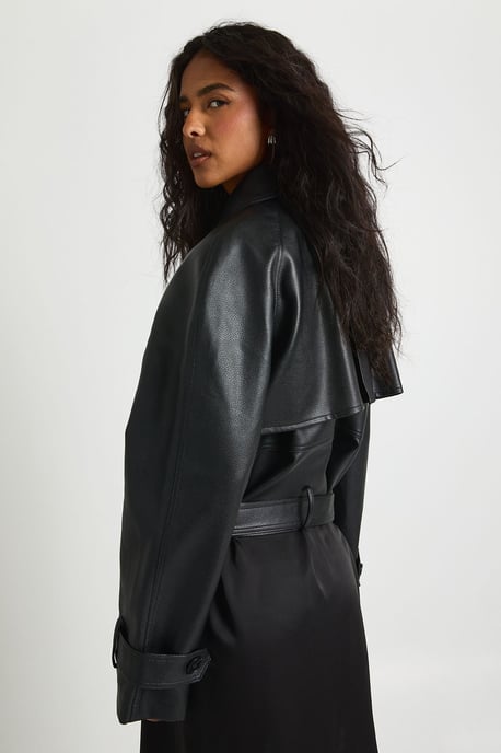 Faux Leather Short Trench Coat - Image 2