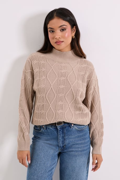 Petite Beige Twisted Cable Funnel Longline Jumper - Image 1