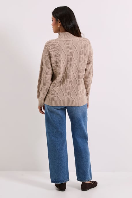 Petite Beige Twisted Cable Funnel Longline Jumper - Image 2