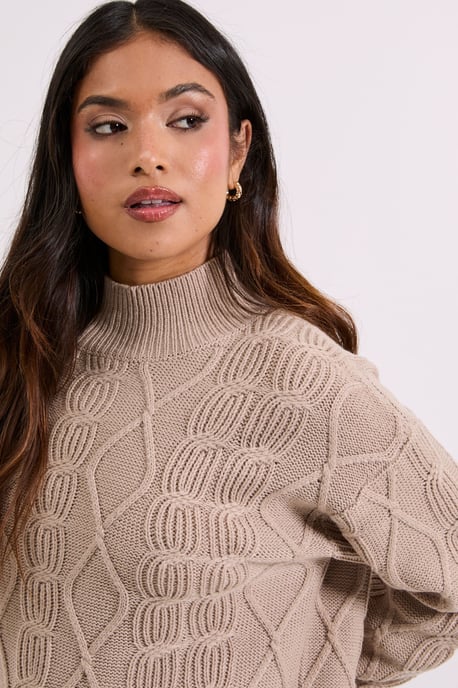 Petite Beige Twisted Cable Funnel Longline Jumper - Image 3