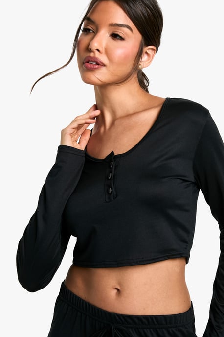 Loungewear Soft Touch Button Up Long Sleeve Crop Top - Image 1