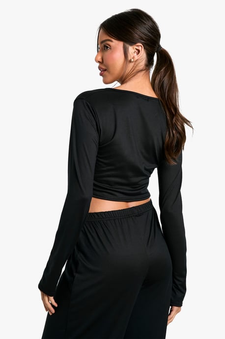 Loungewear Soft Touch Button Up Long Sleeve Crop Top - Image 2