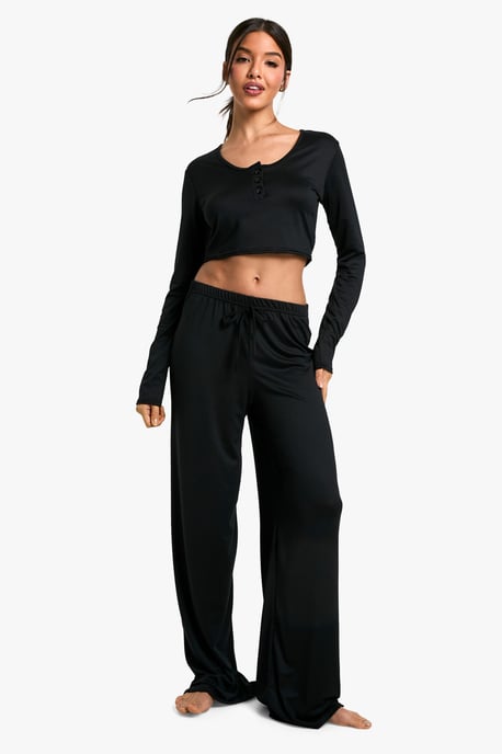 Loungewear Soft Touch Button Up Long Sleeve Crop Top - Image 3