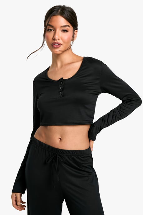 Loungewear Soft Touch Button Up Long Sleeve Crop Top - Image 4