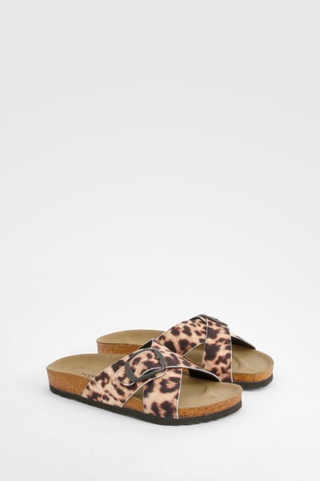 Leopard Print Cross Strap Footbed Sandals - Image 1