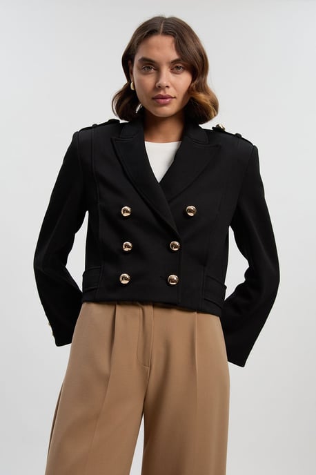 Scuba Military Collar Button Detail Cropped Jacket - Image 2
