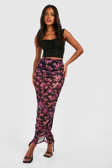 Ruched Mesh Floral Printed Maxi Skirt - Image 1