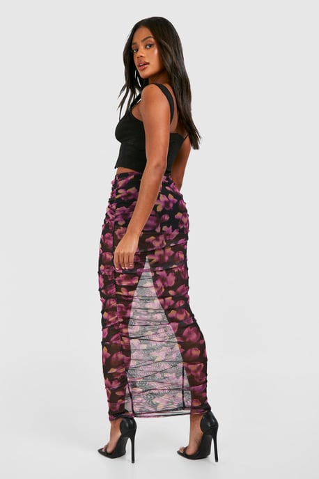 Ruched Mesh Floral Printed Maxi Skirt - Image 2