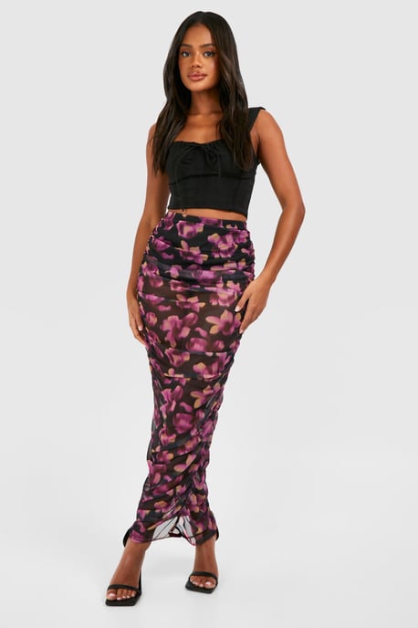 Ruched Mesh Floral Printed Maxi Skirt - Image 3