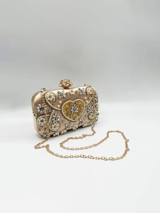 Embellished Heart Clutch Bag In Gold - Image 5